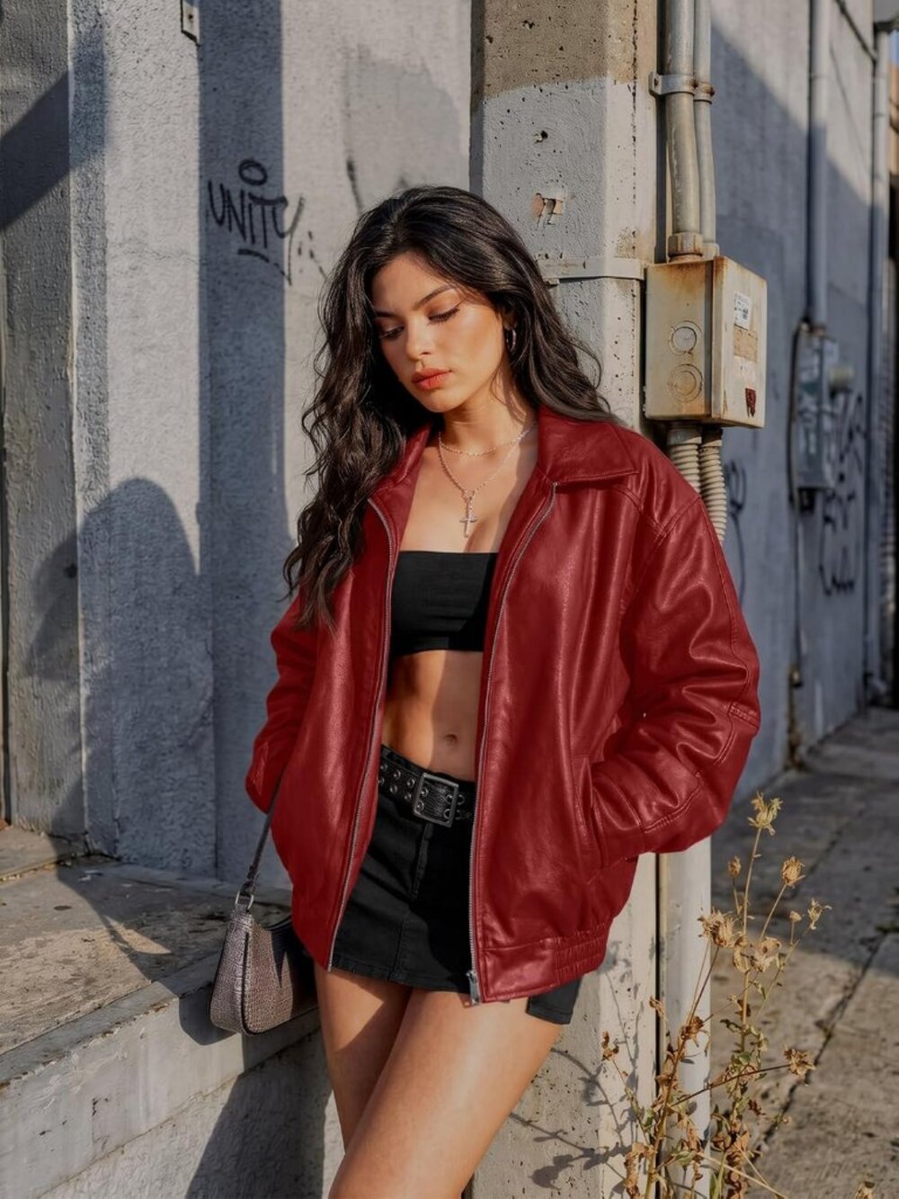 Women's Red Oversized Faux Leather Jacket Fall and Winter Biker Moto Coat - Picture 3 of 6